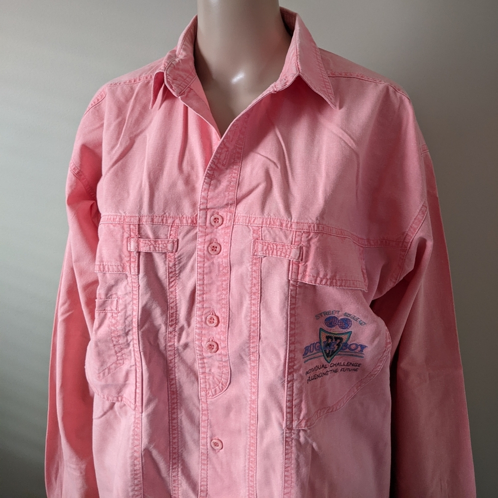 Vintage Bugle Boy embroidered samon bottom down shirt, men's medium